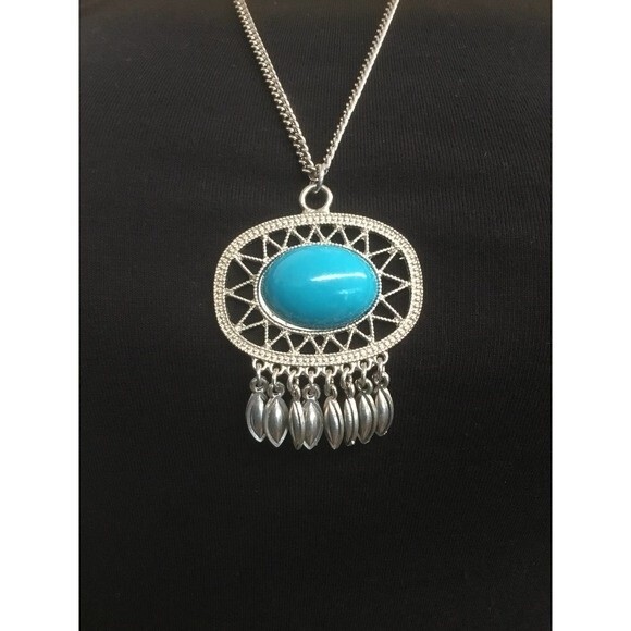 Silver Necklace With Turquoise Colored Pendant - Picture 2 of 3